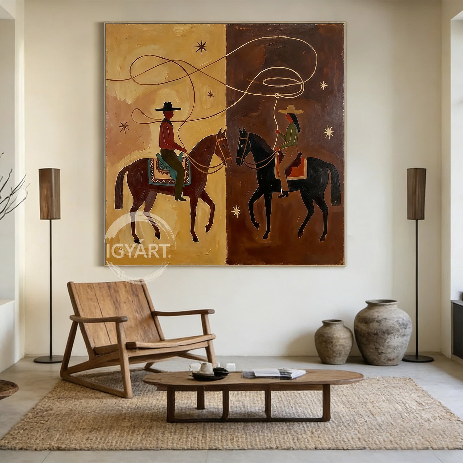 Minimalist Western oil art featuring two riders with a swirling lasso forming a heart-like loop, earthy tones, modern desert night theme.