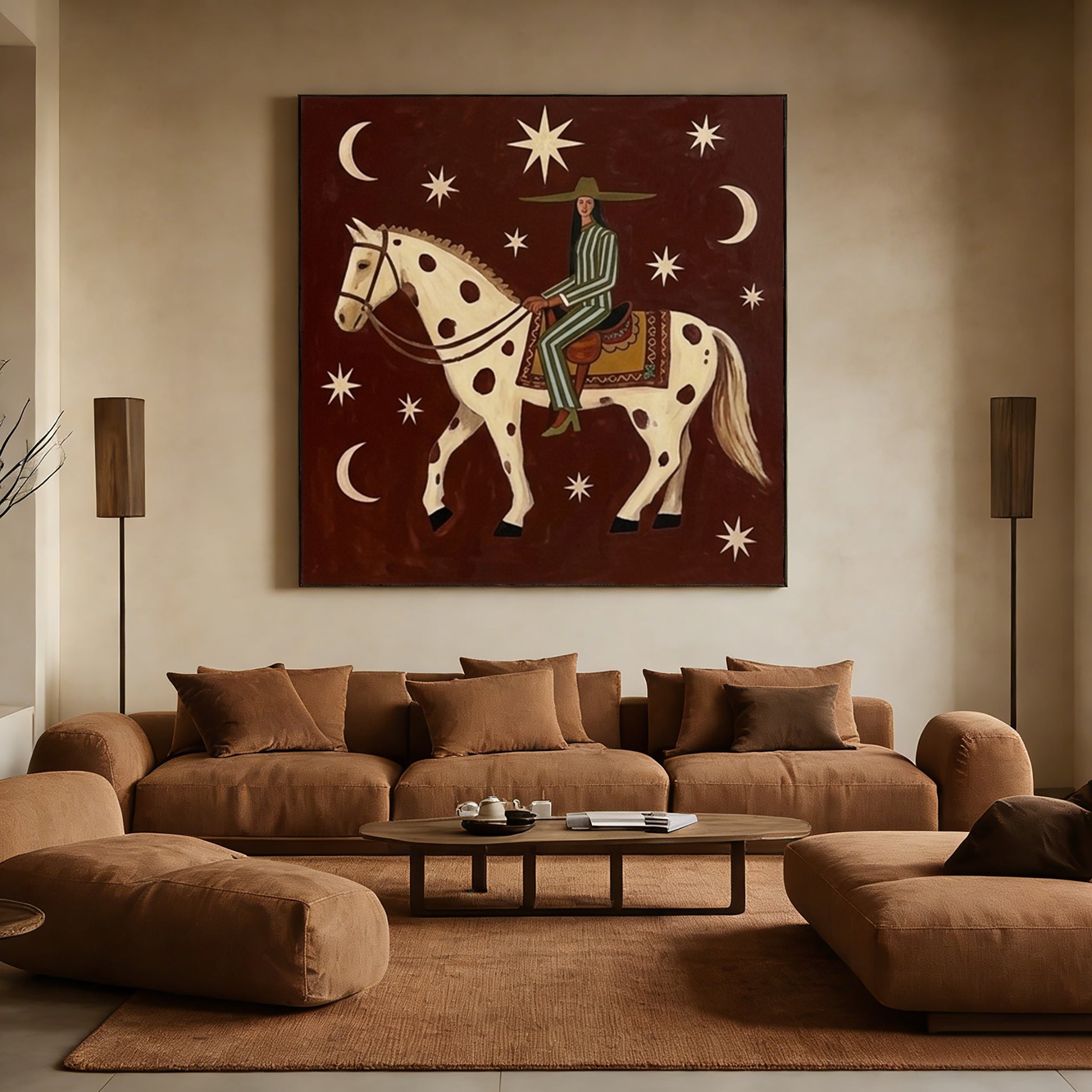 Woman on Horseback Original Hand-painted Oil Painting Modern Folk Art