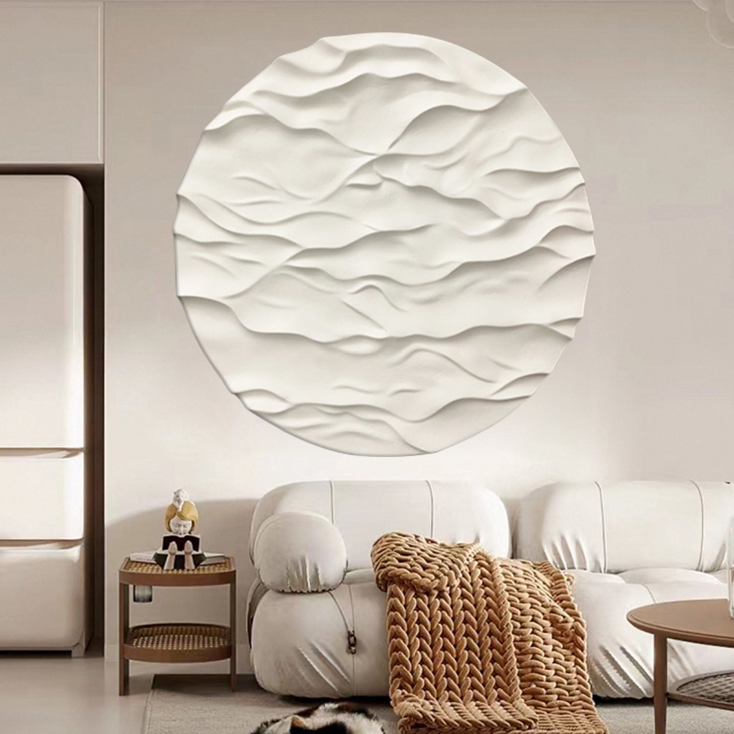 Beige Textured Wall art white Circle Painting white Circle Sculptured art Painting Beige white Circle Art sculpture 