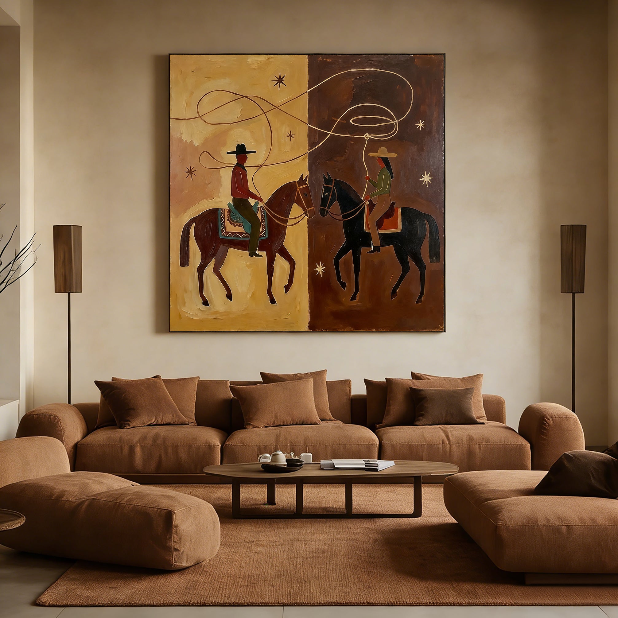 Minimalist Western oil art featuring two riders with a swirling lasso forming a heart-like loop, earthy tones, modern desert night theme.