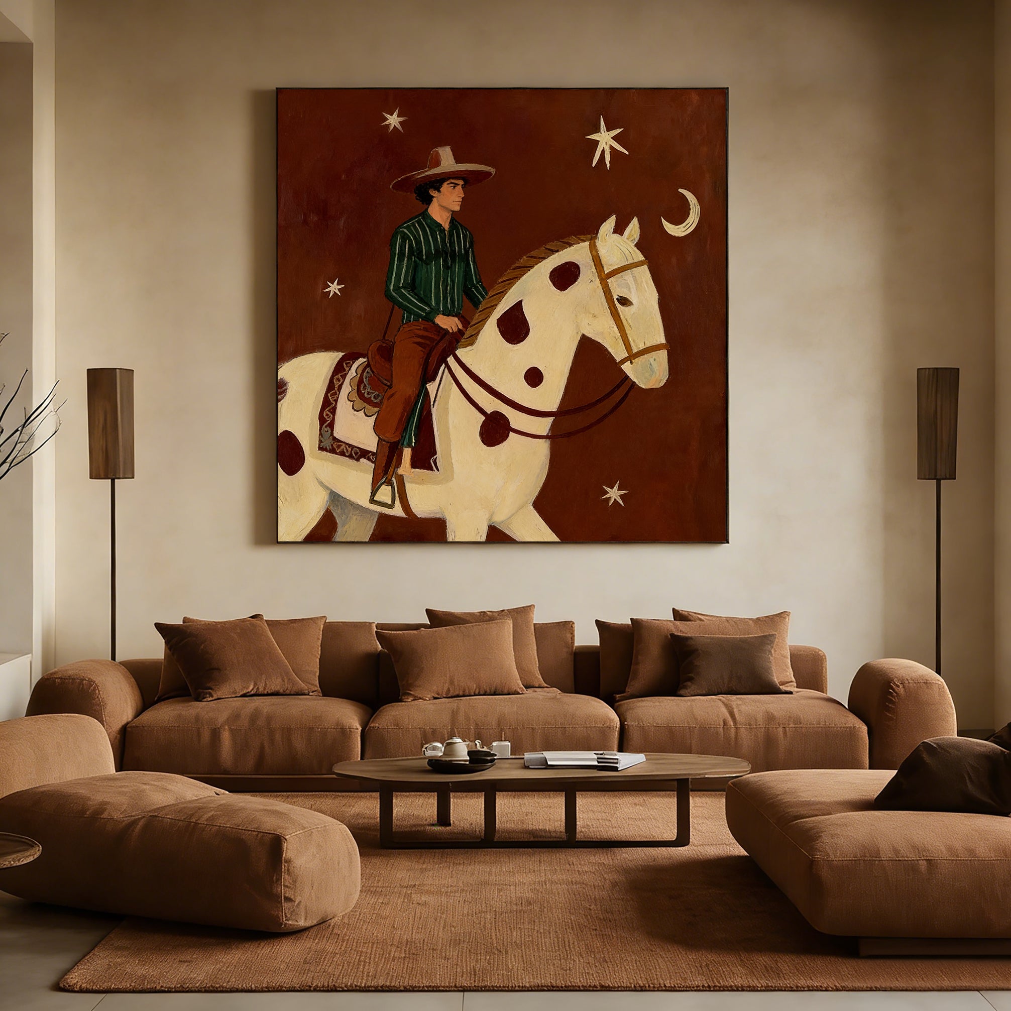 Man and Horse Art Equestrian Painting Mid Century Modern Horse Painting