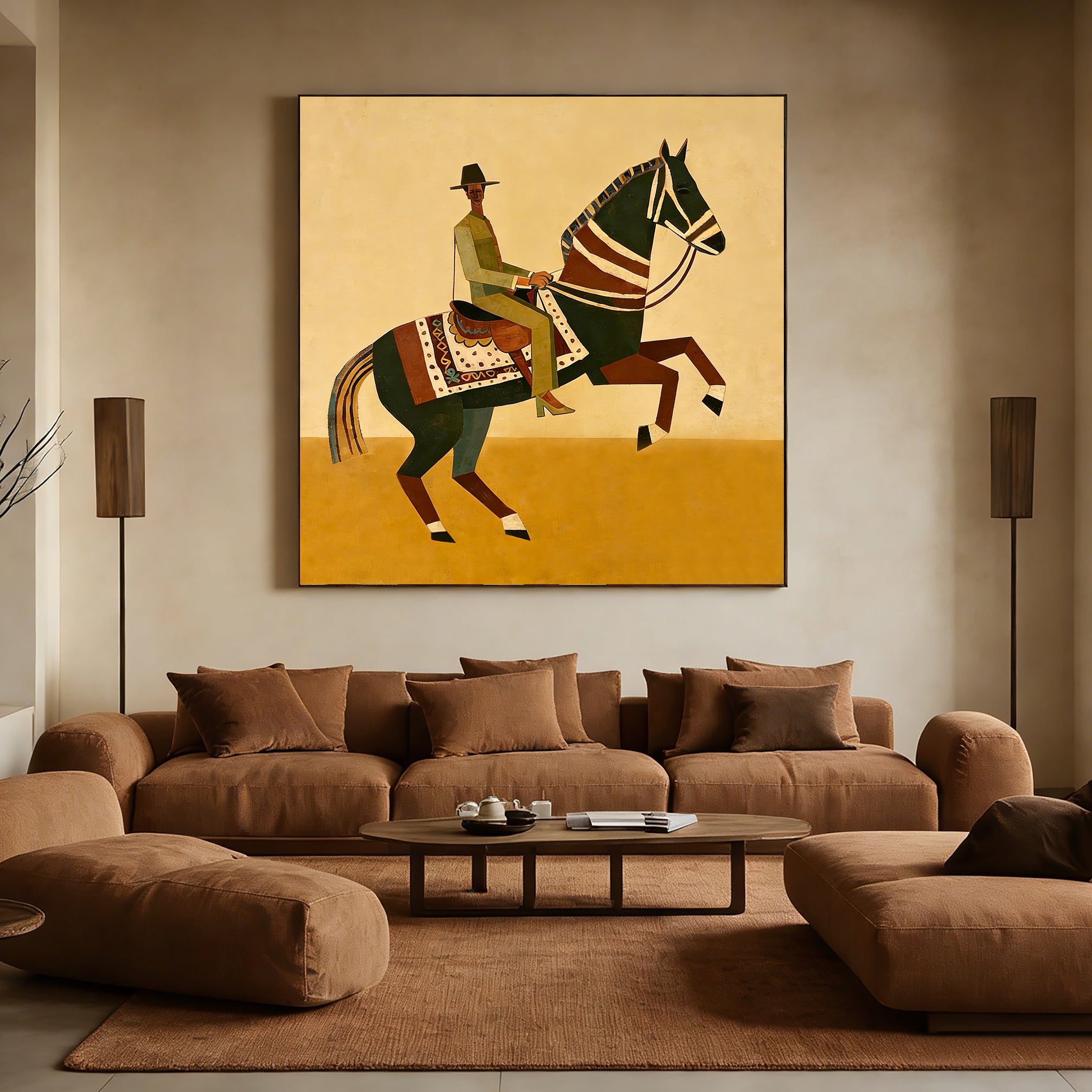 Modern folk art painting of a rider on a geometric horse with a yellow background