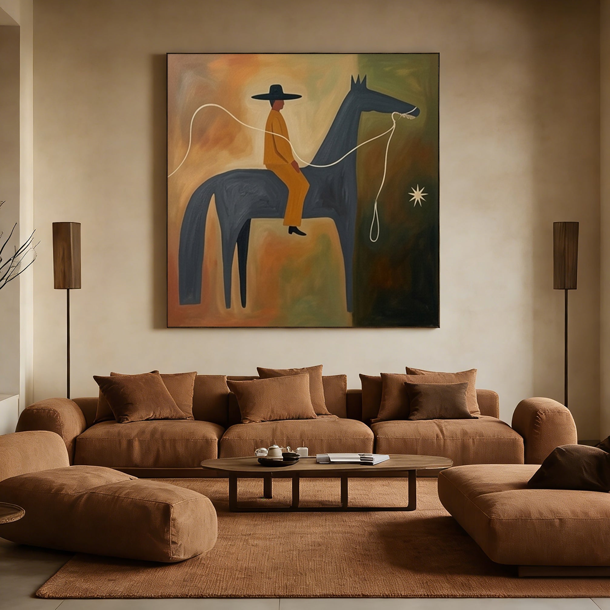 Earth Tone Modern Folk Art Horse Rider Oil Painting Mid-century Modern Art