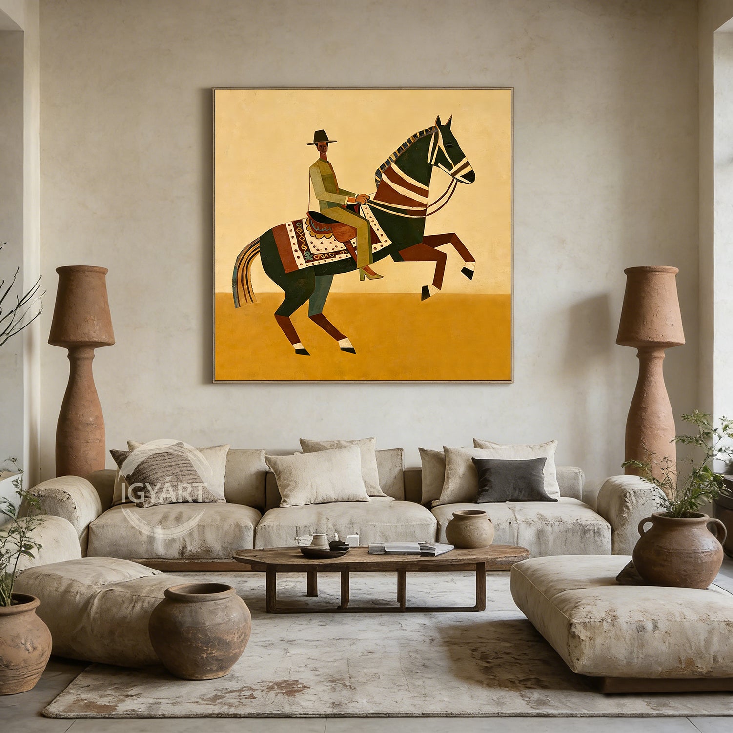 Modern folk art painting of a rider on a geometric horse with a yellow background