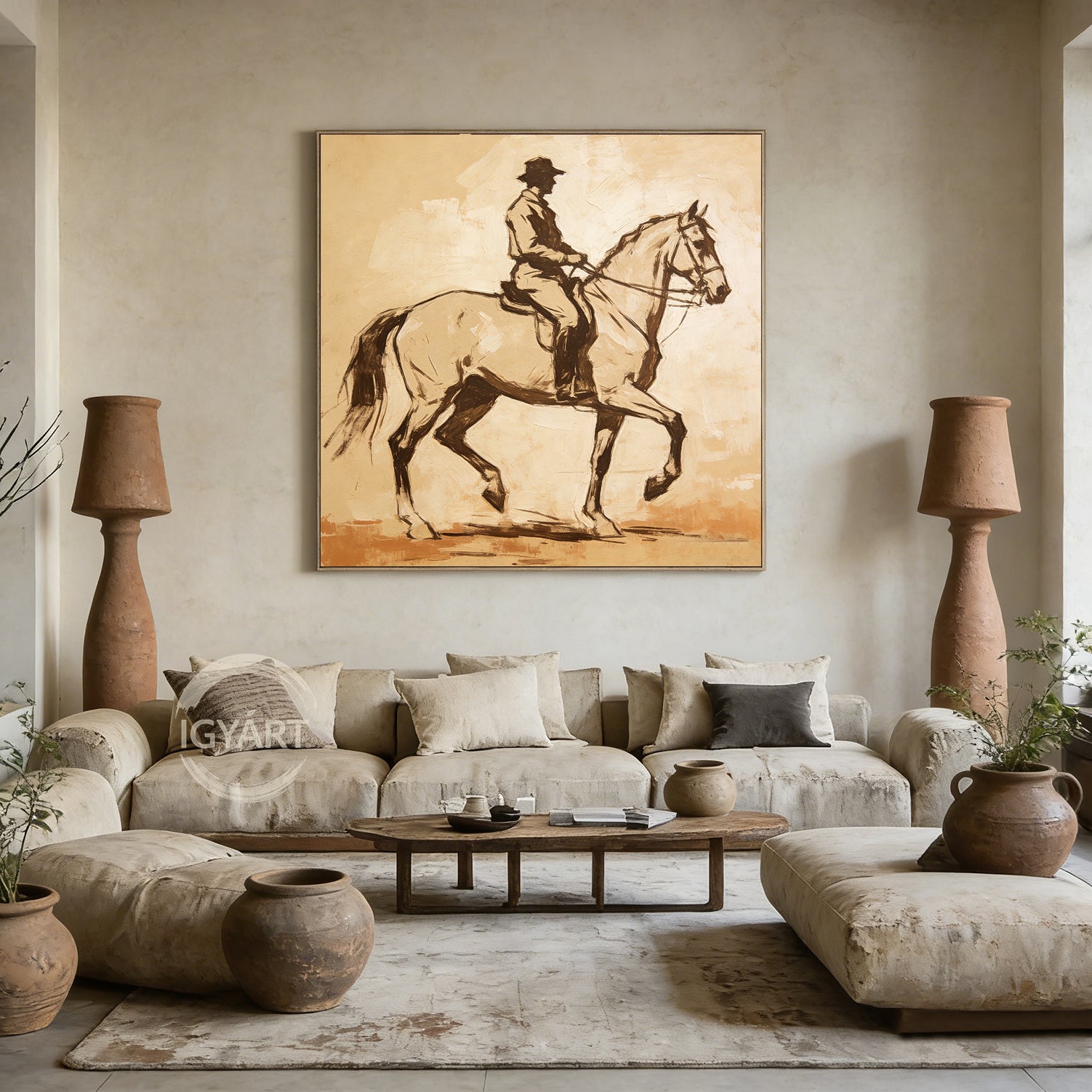Vintage Style Equestrian Painting - Hand-painted Impressionist Horse & Rider