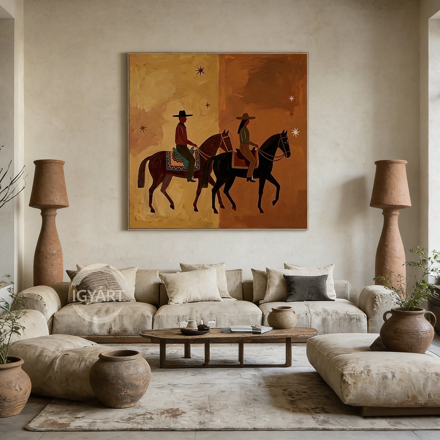 Western wall art of a man and woman riding horses side-by-side under stars, mid-century modern aesthetic, brown and beige split-tone background.