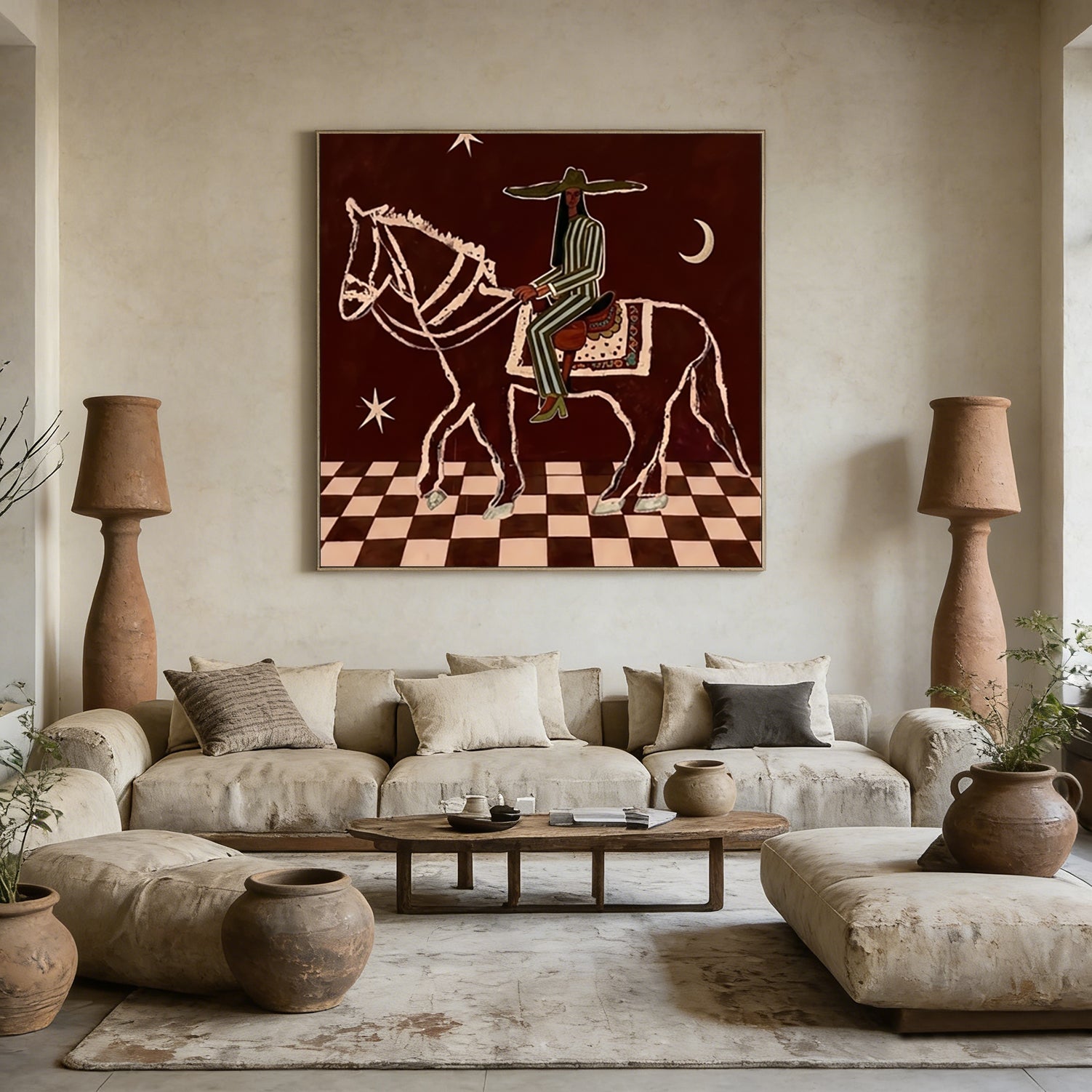 Earthy Tones Vintage Western Rider Wall Art Mid Century Modern Horse Painting