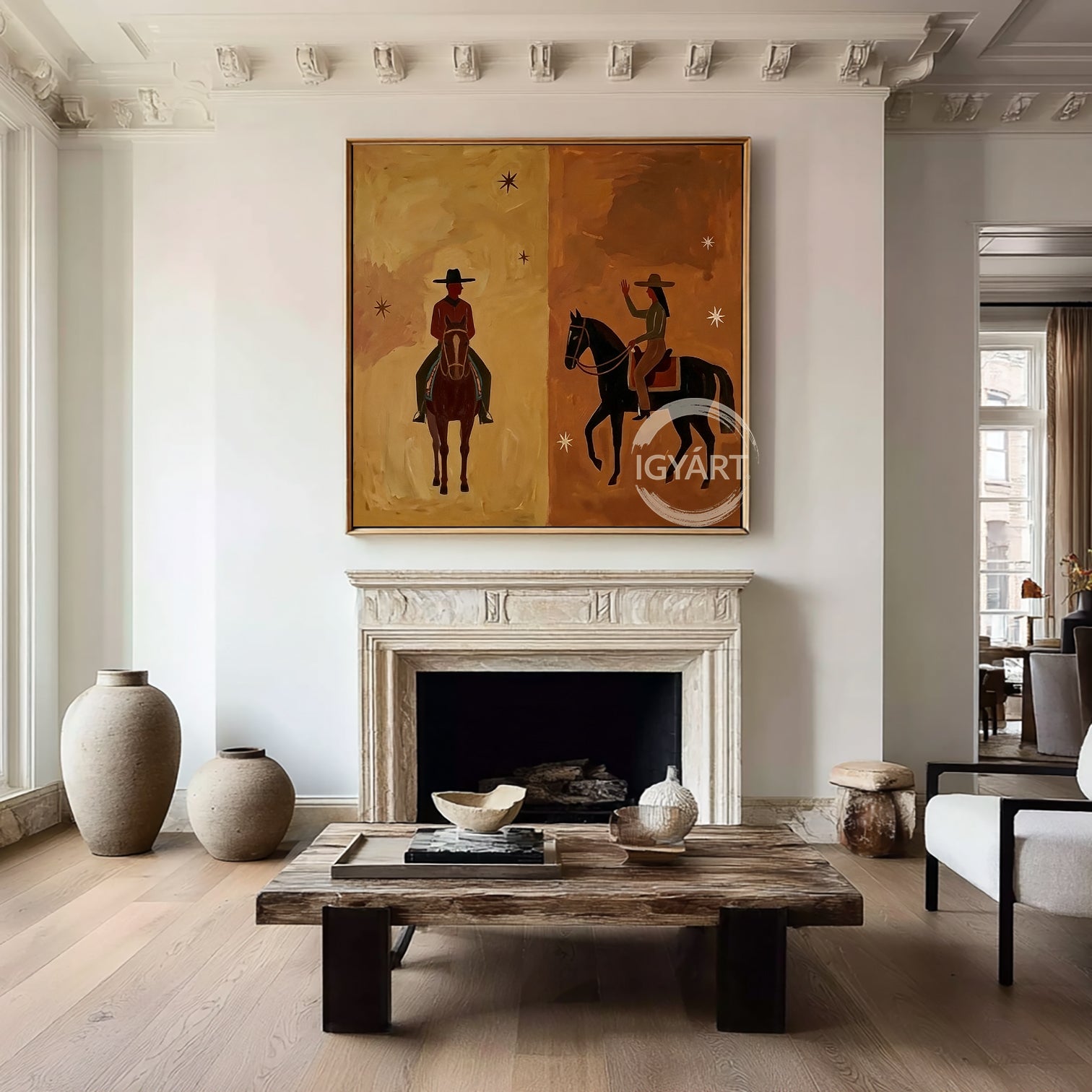 Hand-painted oil painting of a cowboy and cowgirl facing each other on horseback, split background in tan and brown with minimalist stars, Southwestern modern art style.