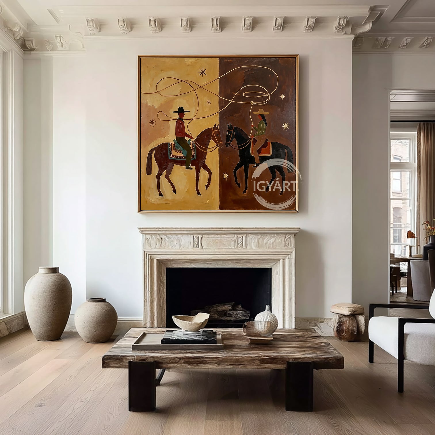 Minimalist Western oil art featuring two riders with a swirling lasso forming a heart-like loop, earthy tones, modern desert night theme.