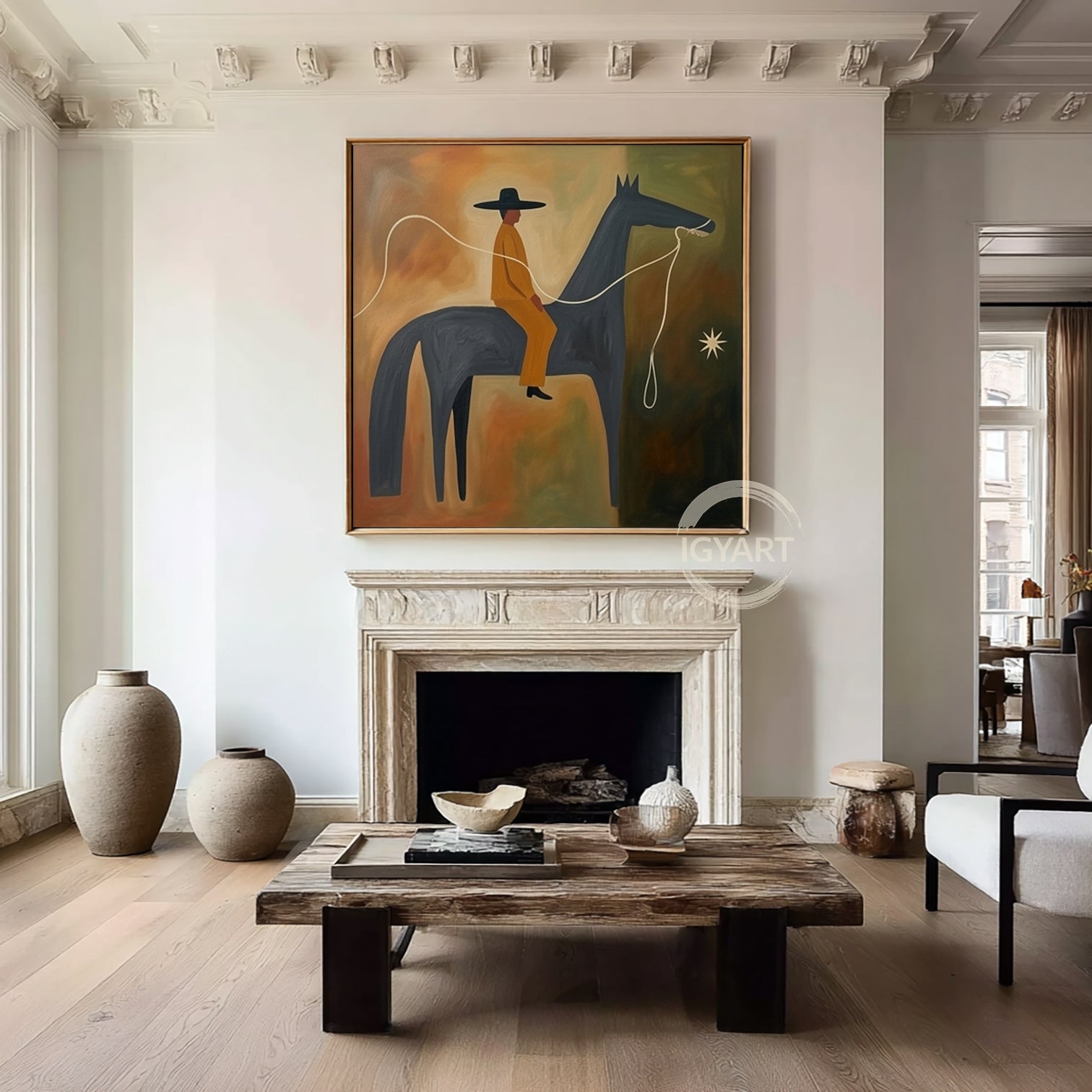 Earth Tone Modern Folk Art Horse Rider Oil Painting Mid-century Modern Art