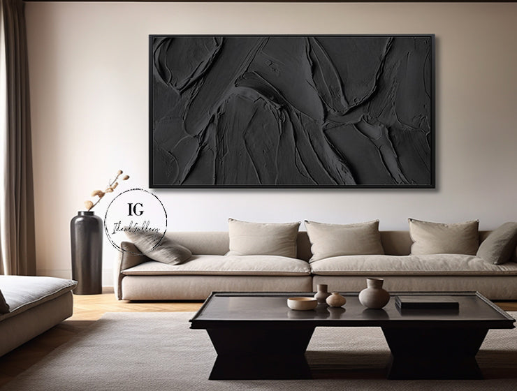 Black 3D Textured Painting Black 3D Minimalist Painting Large Black Abstract Painting 