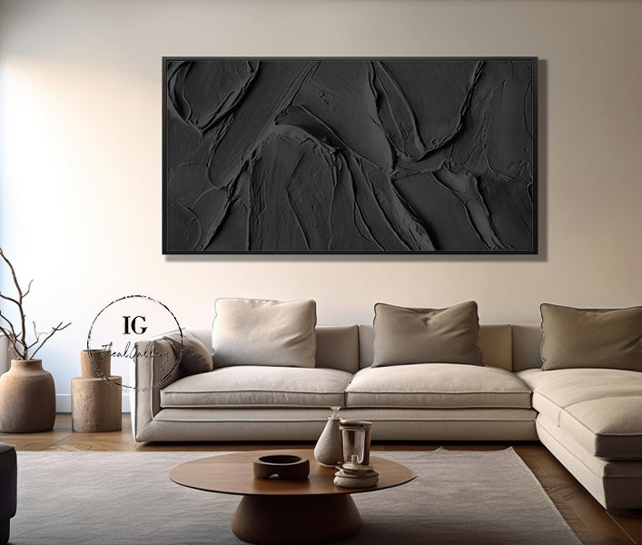 Black 3D Textured Painting Black 3D Minimalist Painting Large Black Abstract Painting 