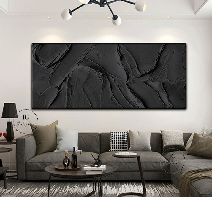 Black 3D Textured Painting Black 3D Minimalist Painting Large Black Abstract Painting 