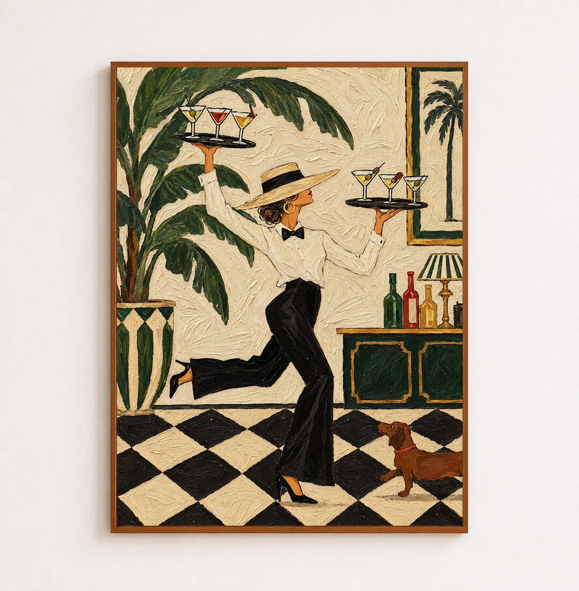 Vintage Waitress With Cocktails Art Deco Canvas Painting For Home Bar Decor
