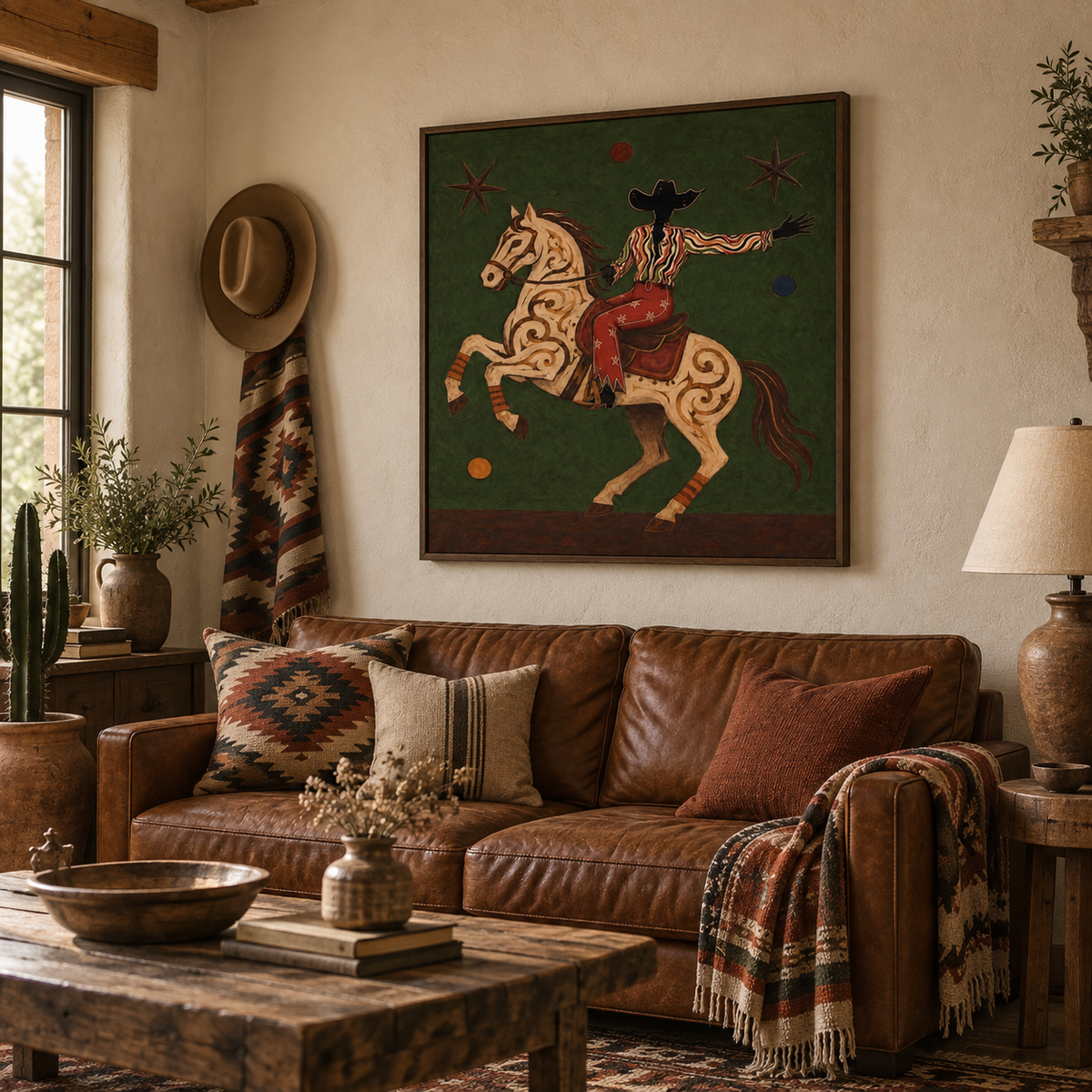 Cowboy And Horse Canvas Painting With Green Background Original Art