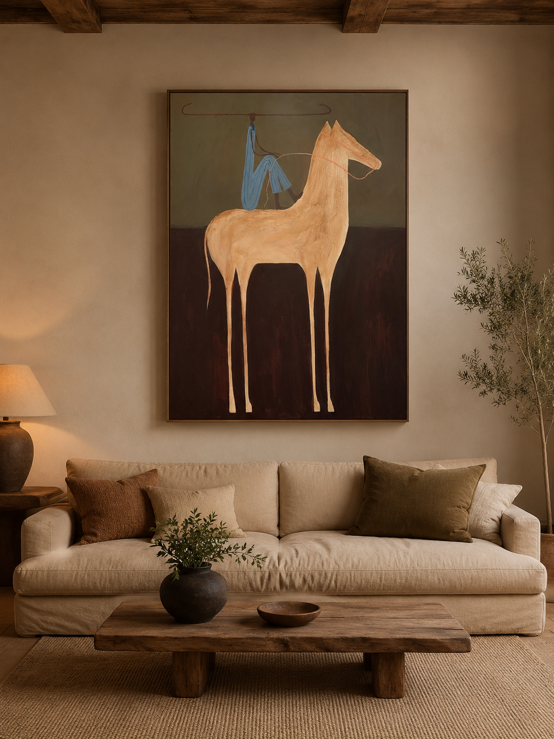 Minimalist Retro Horse Painting With Blue Figure For Modern Home Decor