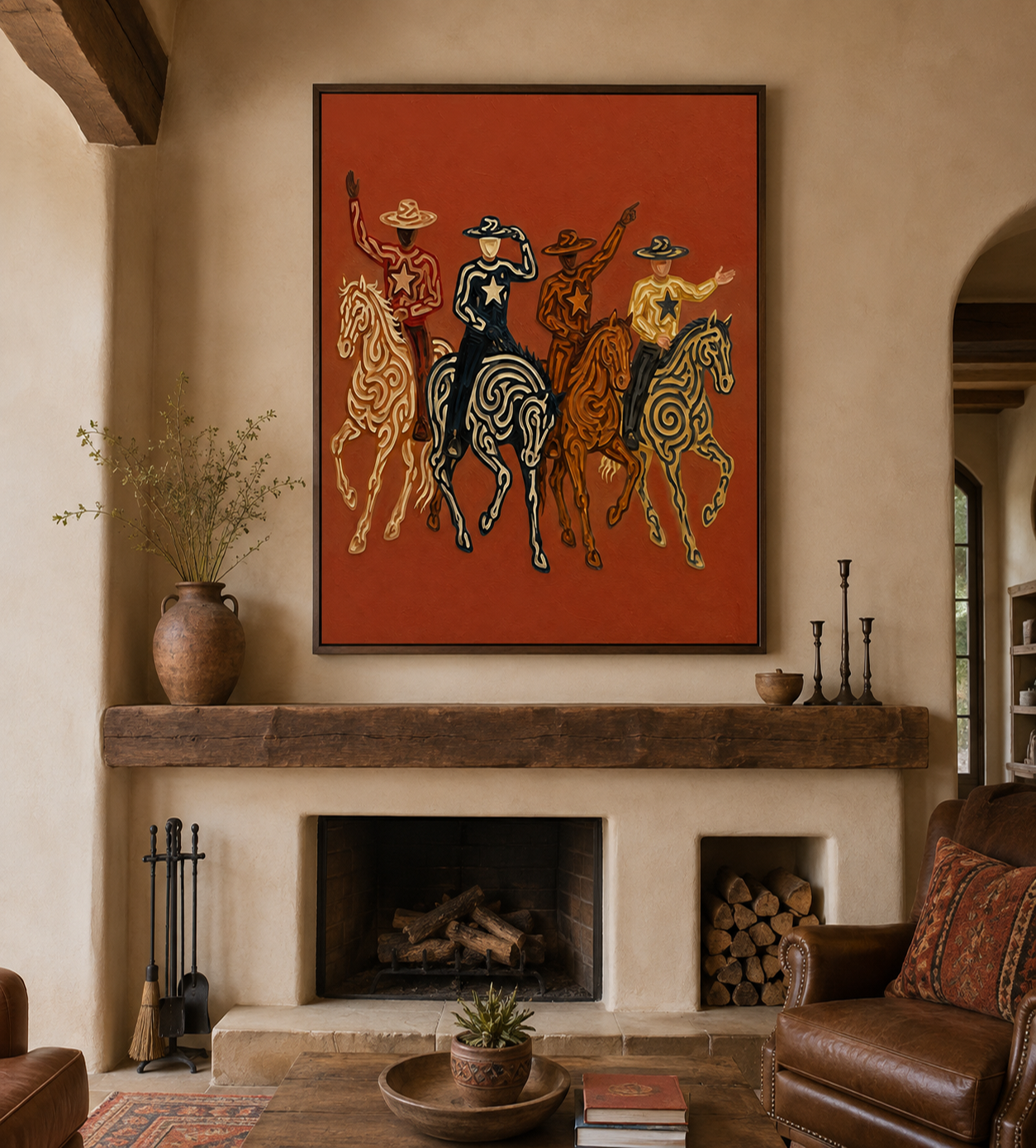 Four Cowboys Horse Painting, Colorful Western Riders, Terracotta Southwestern Wall Art