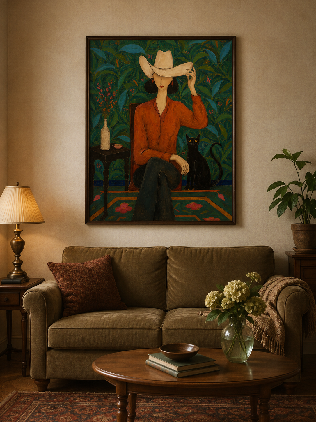 Stylish Woman And Black Cat Painting In Folk Art Style For Living Room Decor