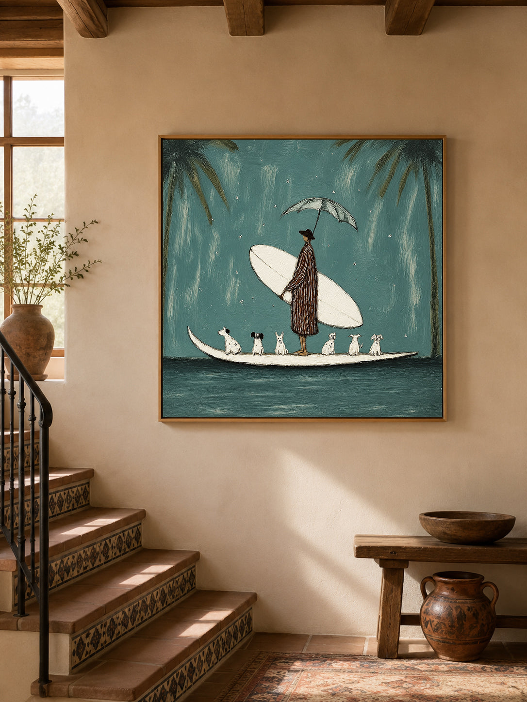Coastal Dog Lover Wall Art For Living Room Blue Teal Surf Painting