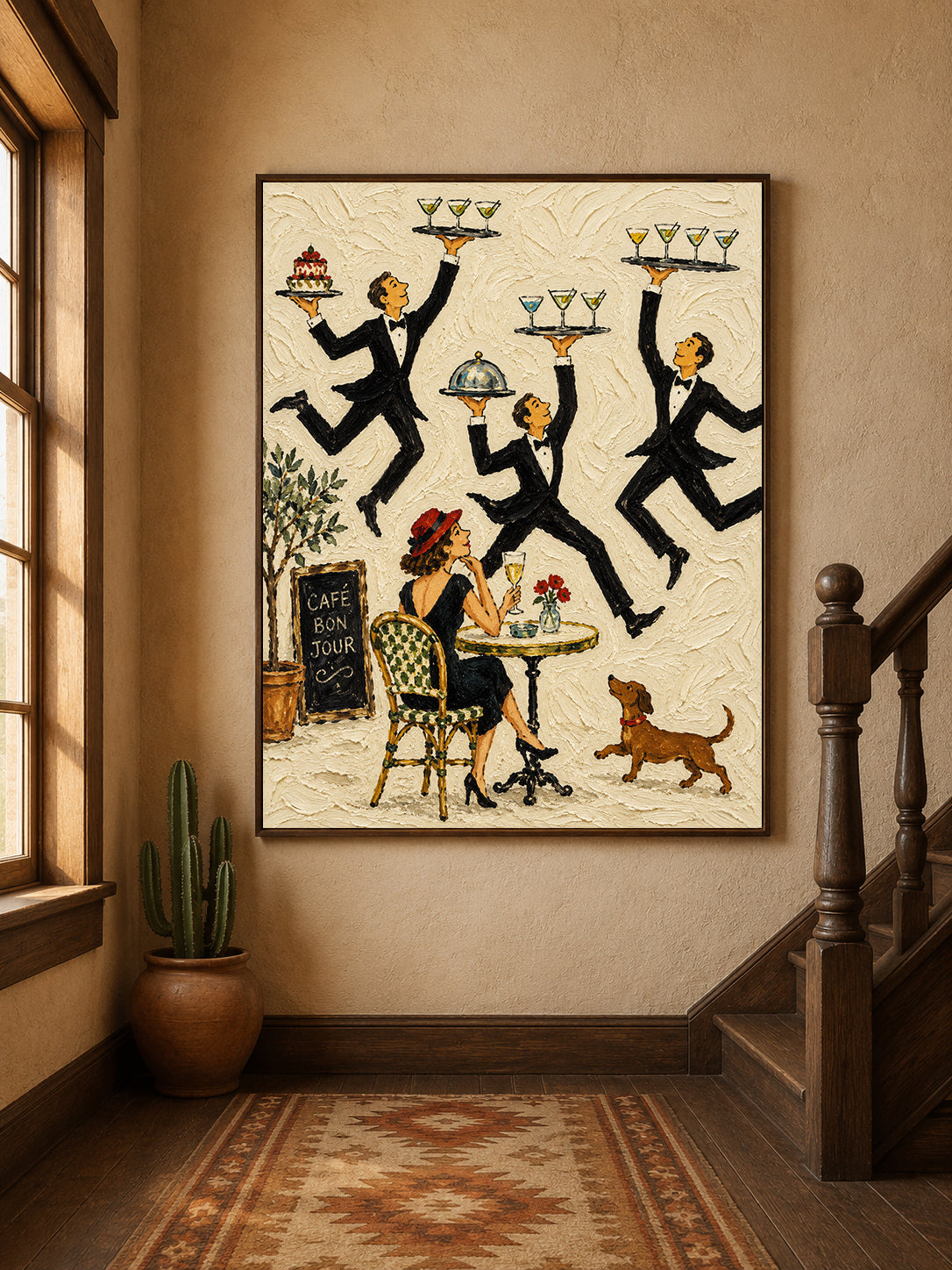 Vintage French Café Waiter Painting Hand-Painted Canvas Art For Dining Room
