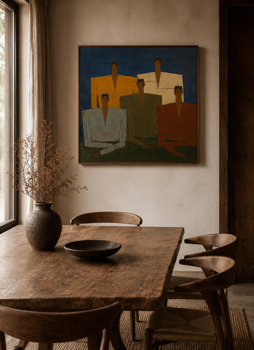 Wabi Sabi Figurative Art Painting With Geometric People In Blue Green Tones For Modern Living Room Decor