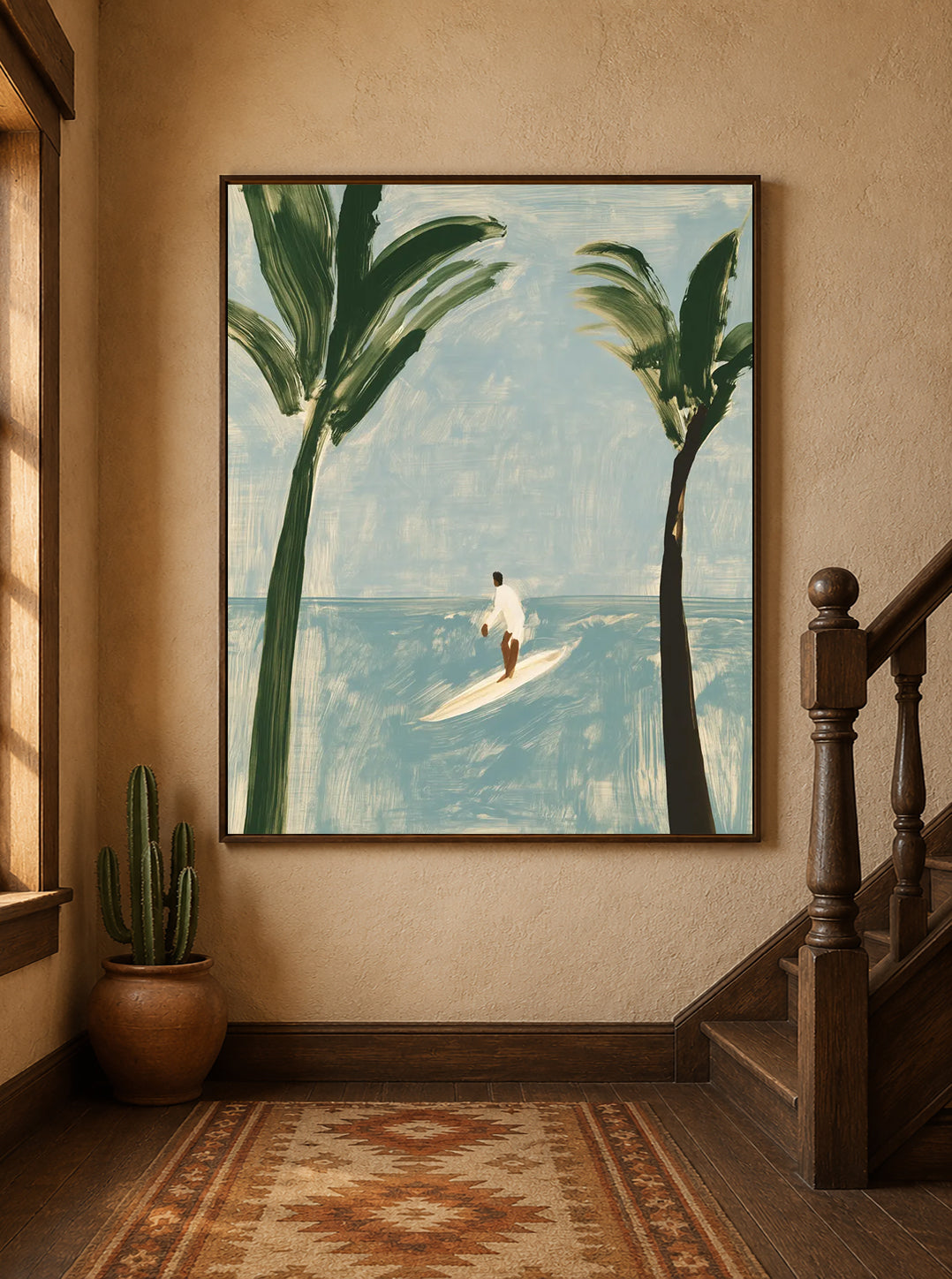 Surfer And Palm Trees Canvas Painting Modern Blue Beach Wall Art