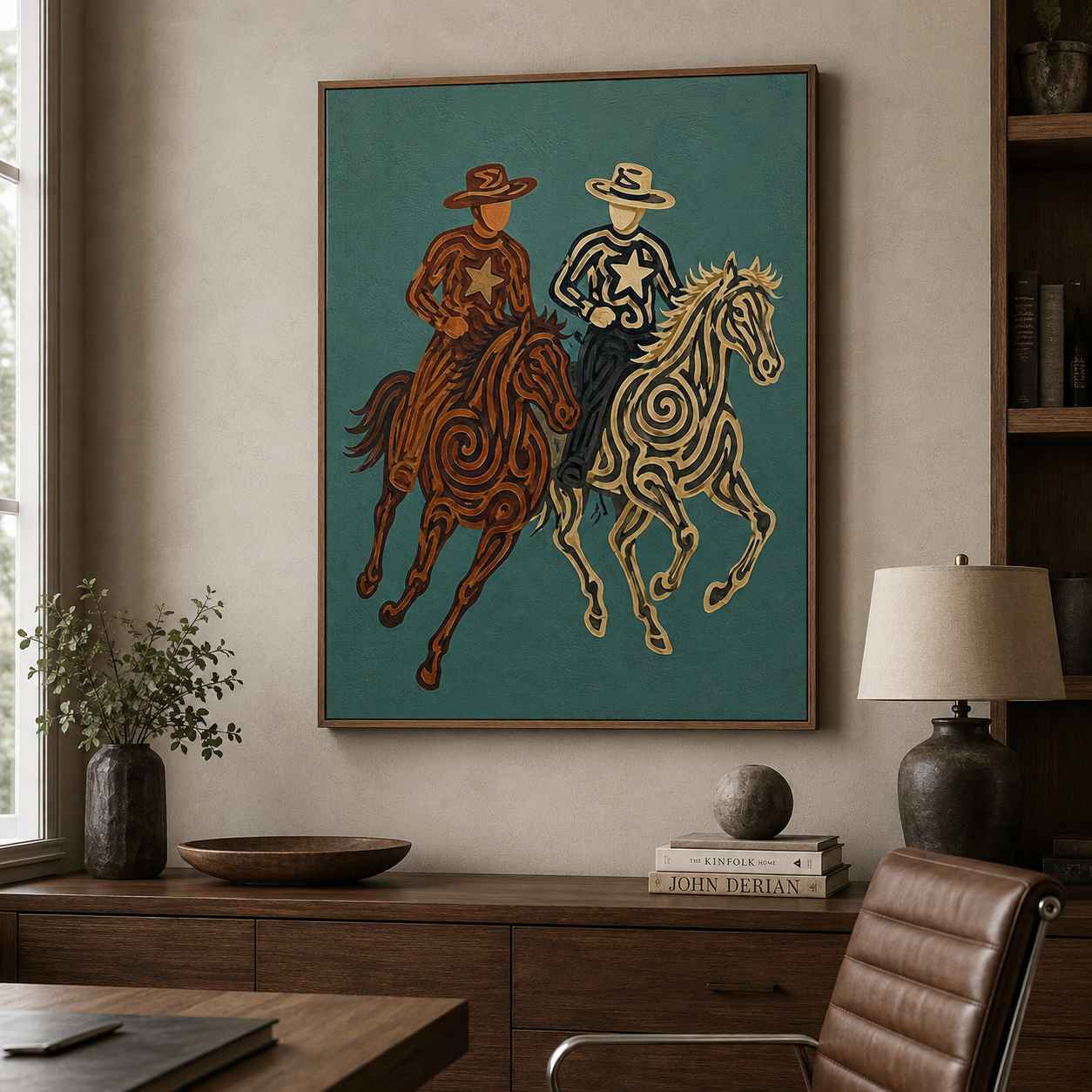 Rustic Cowboy Horse Painting, Teal Western Riders Wall Art, Southwestern Folk Decor