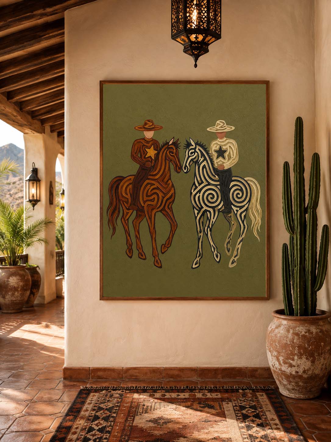Hand-Painted Cowboy And Horse Canvas Art In Olive Green For Vintage Western Decor
