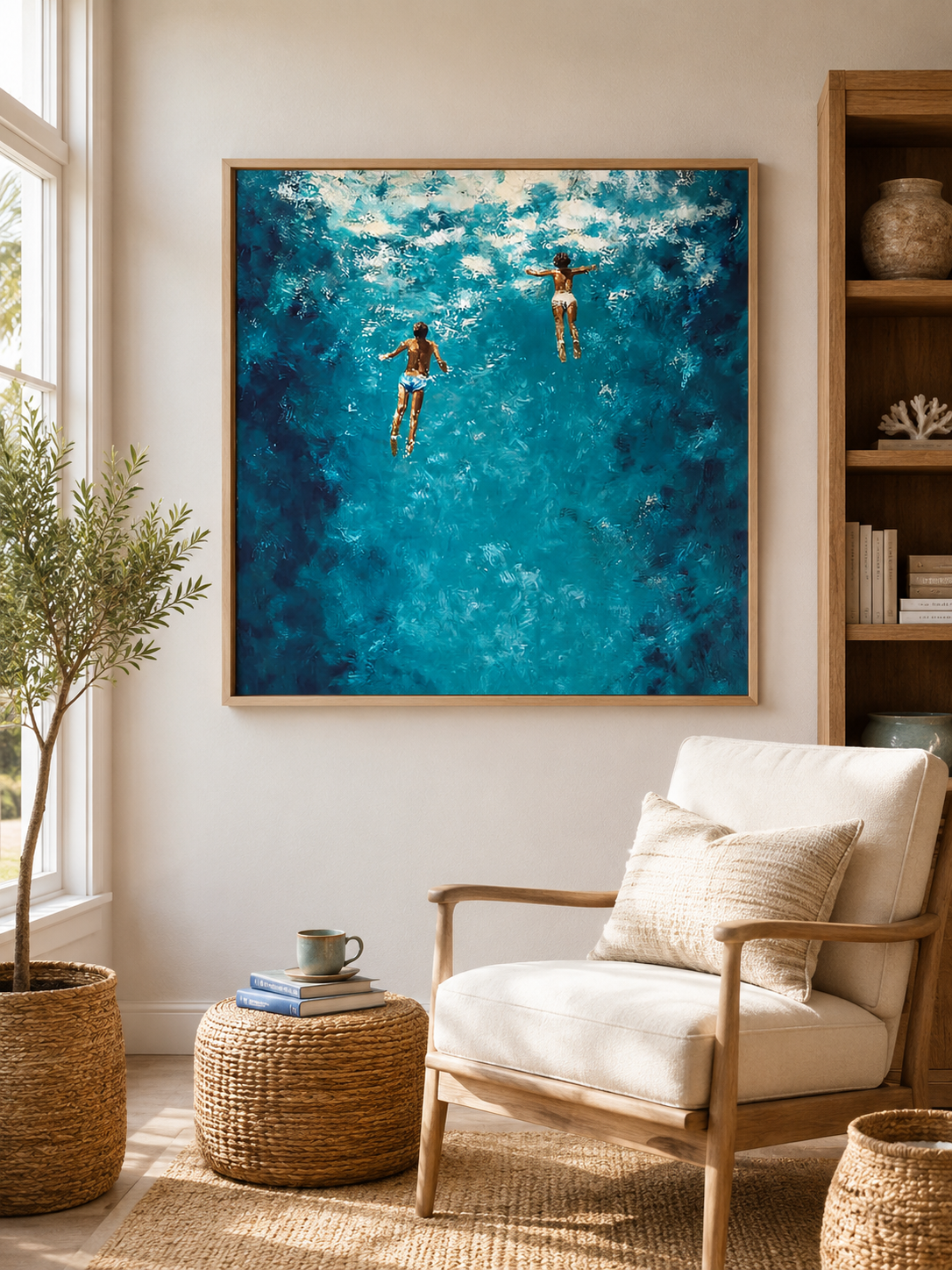 Hand Painted Ocean Oil Painting With Swimmers In Blue Water For Coastal Home Decor