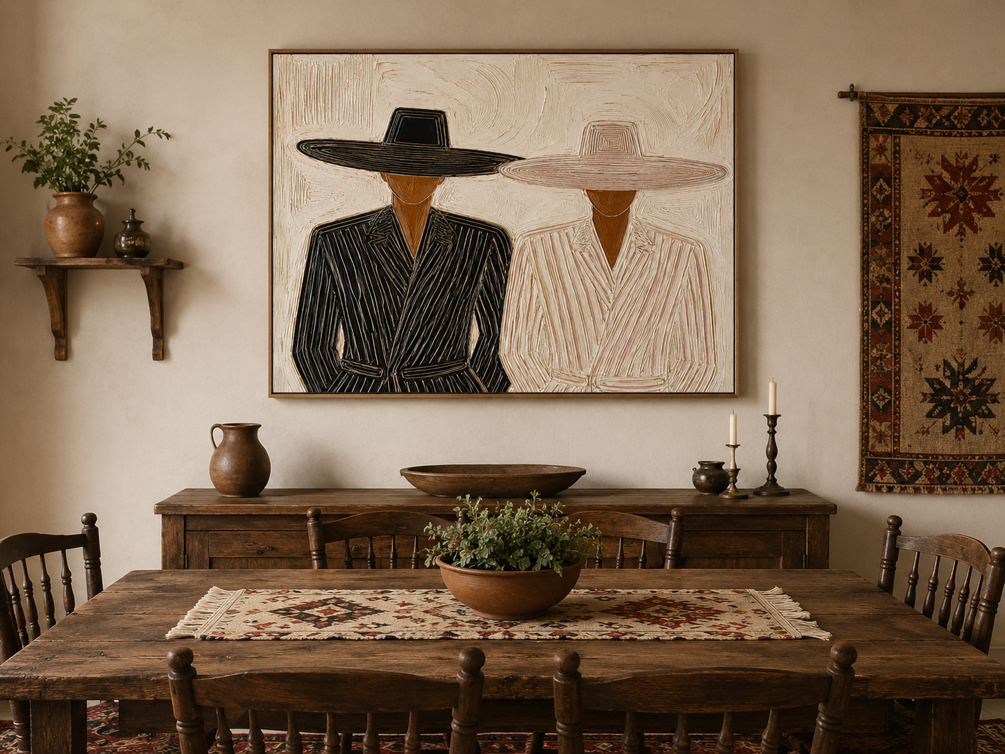Minimalist Figure Painting With Hats For Modern Living Room Decor In Beige And Black