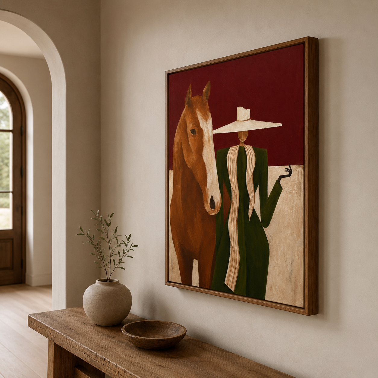 Lady In Wide Brim Hat With Horse Original Oil Painting Abstract Animal Decor