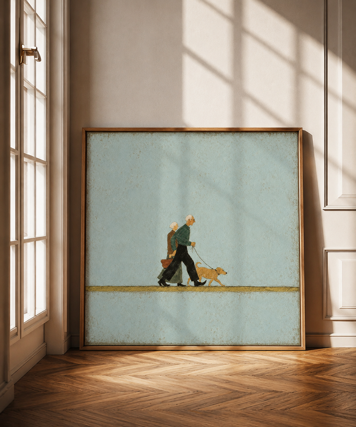 Vintage Dog Walking Painting For Pet Owners Retro Wall Art With Elderly Couple And Teal Background
