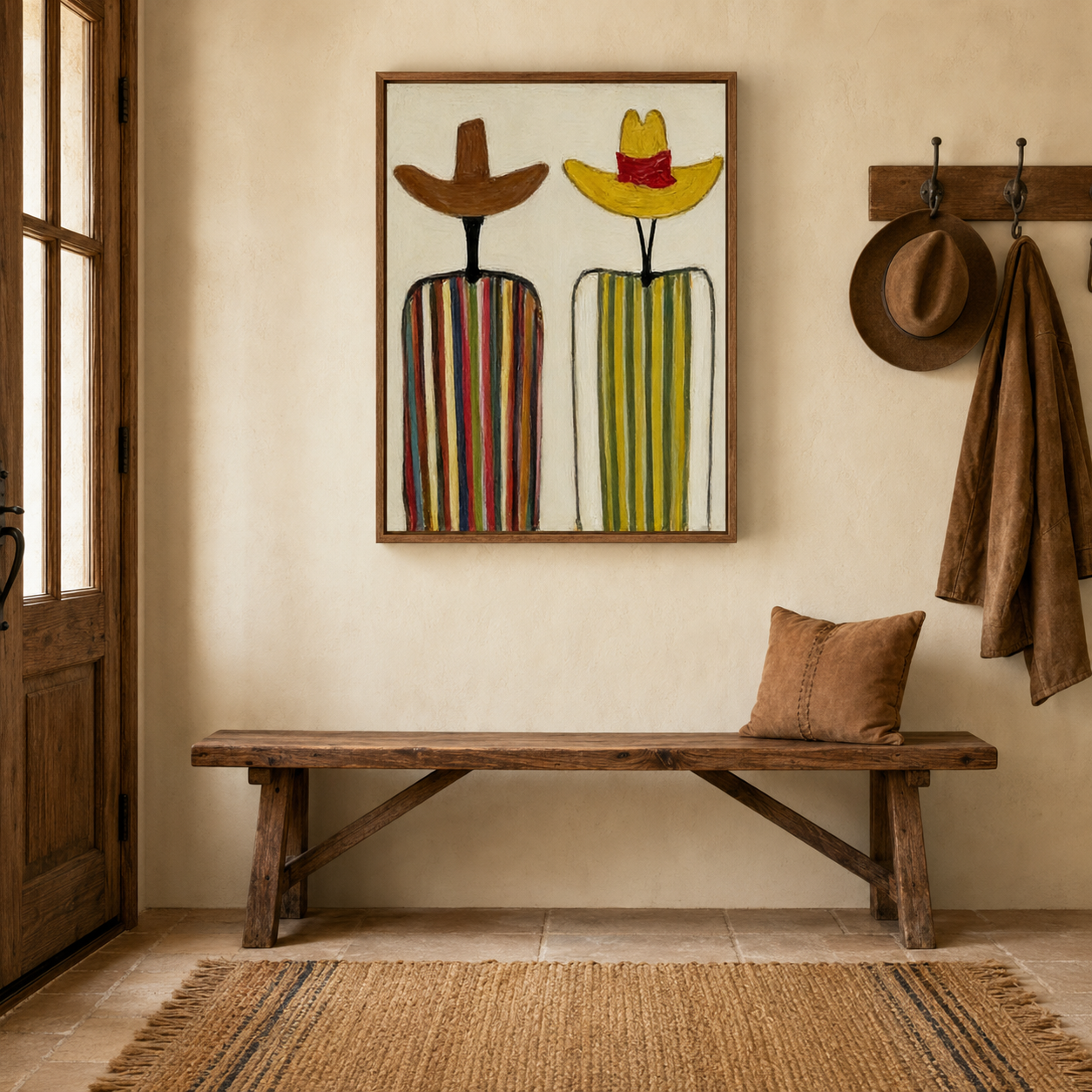 Abstract Figurative Oil Painting With Rustic Hats And Vibrant Colors For Hallway