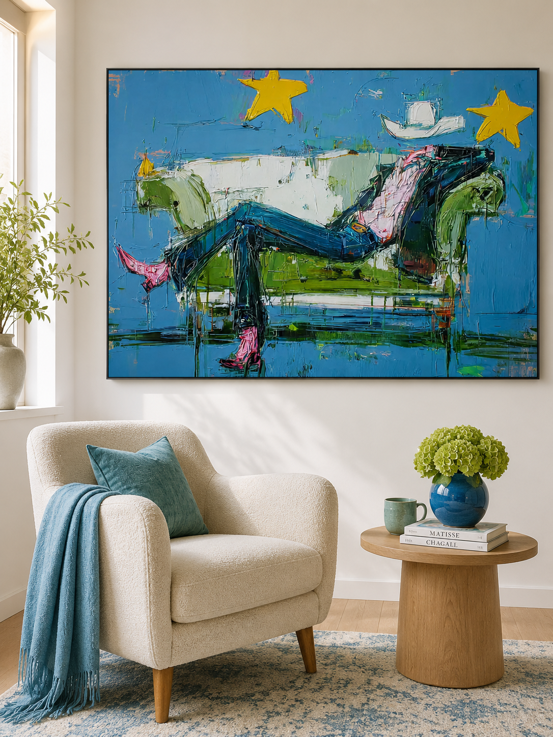 Surreal Cowboy Art With Rich Texture Blue Tones For Contemporary Western Interior Design Decor