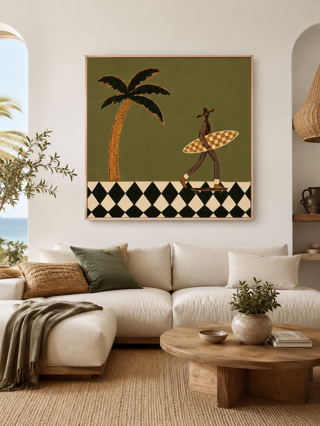 Vintage Skate Surfer Wall Art With Checkerboard Board For Retro Living Room Decor