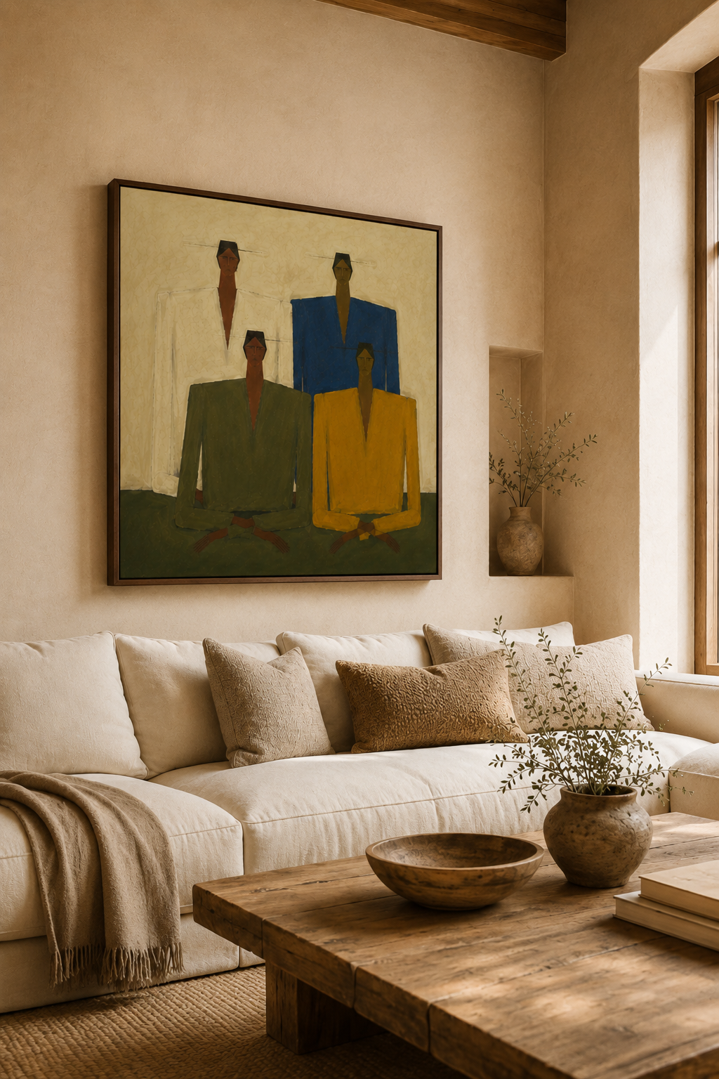 Hand-Painted Minimalist Group Portrait - Large Figurative Wall Art for Modern Home