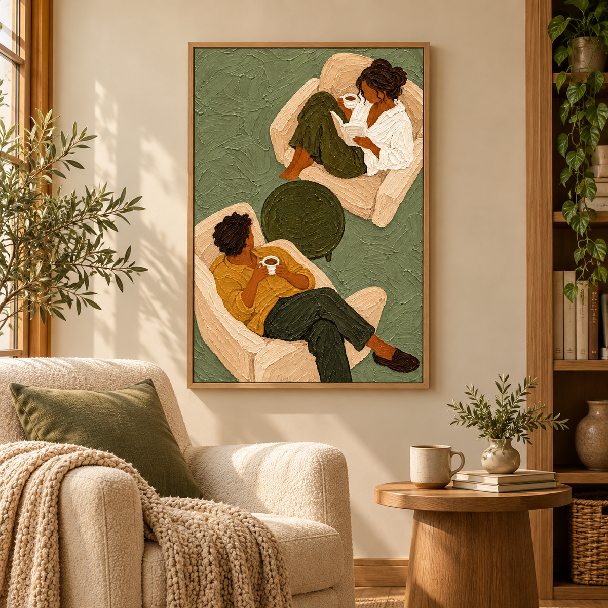 Sage Green Coffee Couple Painting, Original Textured Oil Art, Retro Figurative Canvas