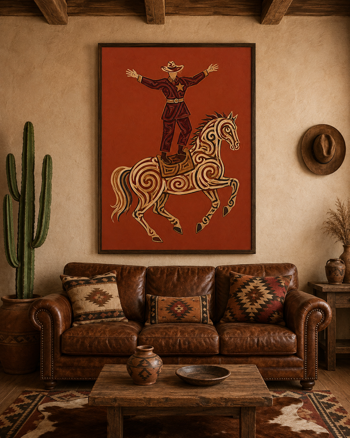 Western Cowboy Painting, Ornate Horse, Southwestern Folk Wall Art, Rustic Ranch Decor