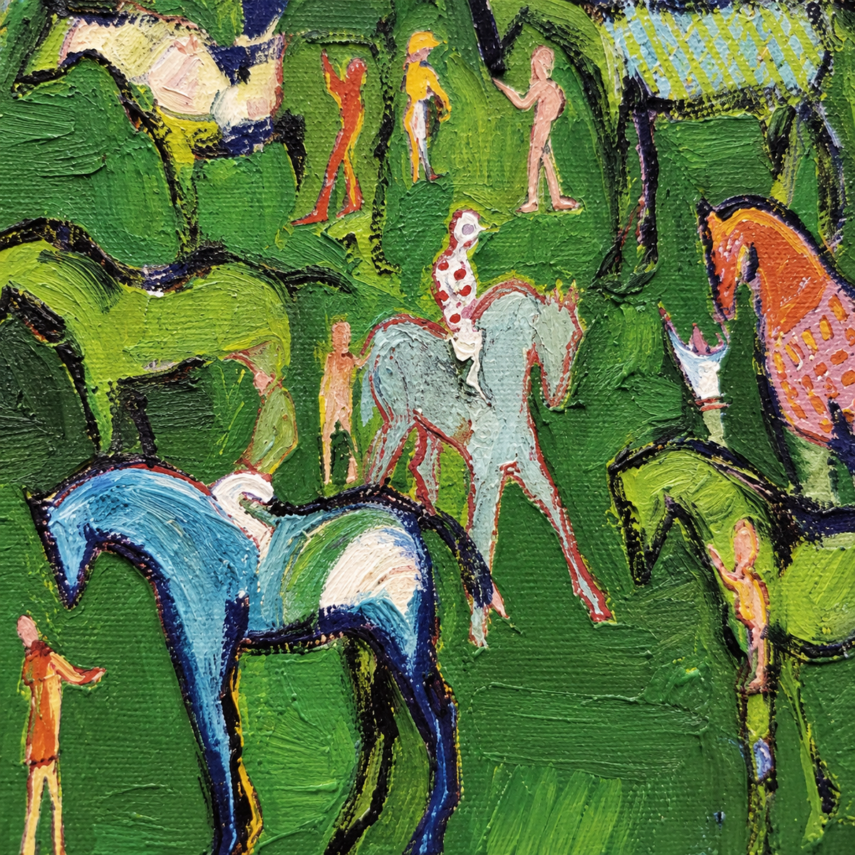 Hand-Painted Folk Horse Painting With Colorful Horses On Green Canvas Art