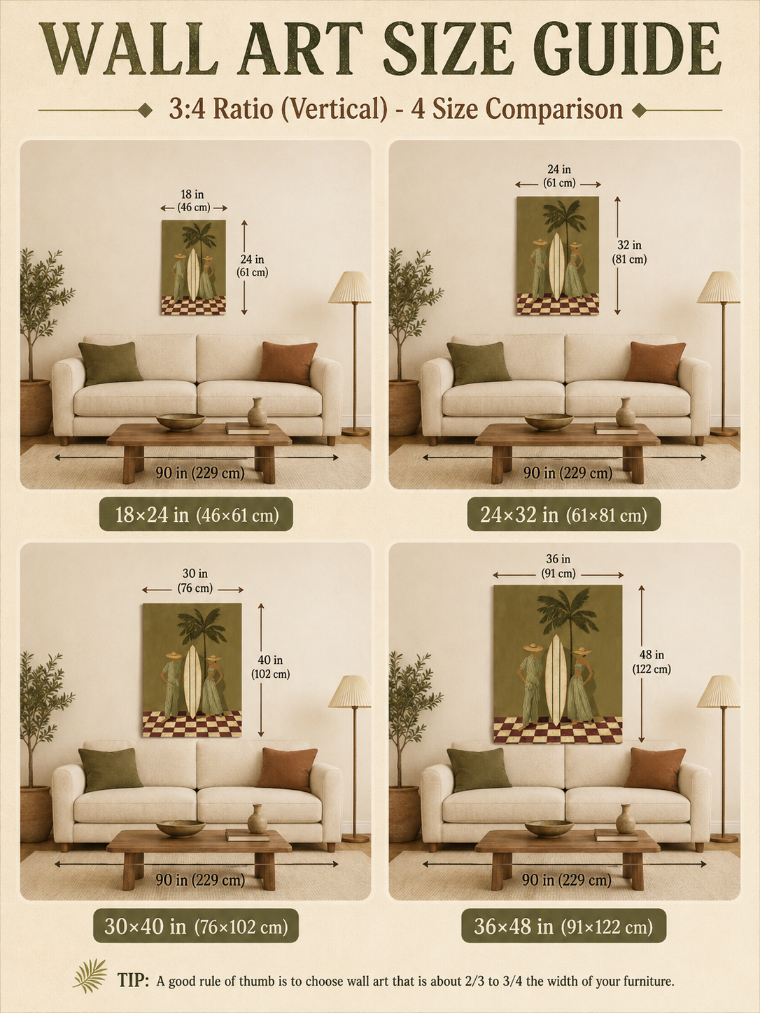 Vintage Green Stripe Beach Art With Palm Tree And Surfboard For Coastal Living Room Wall Decor