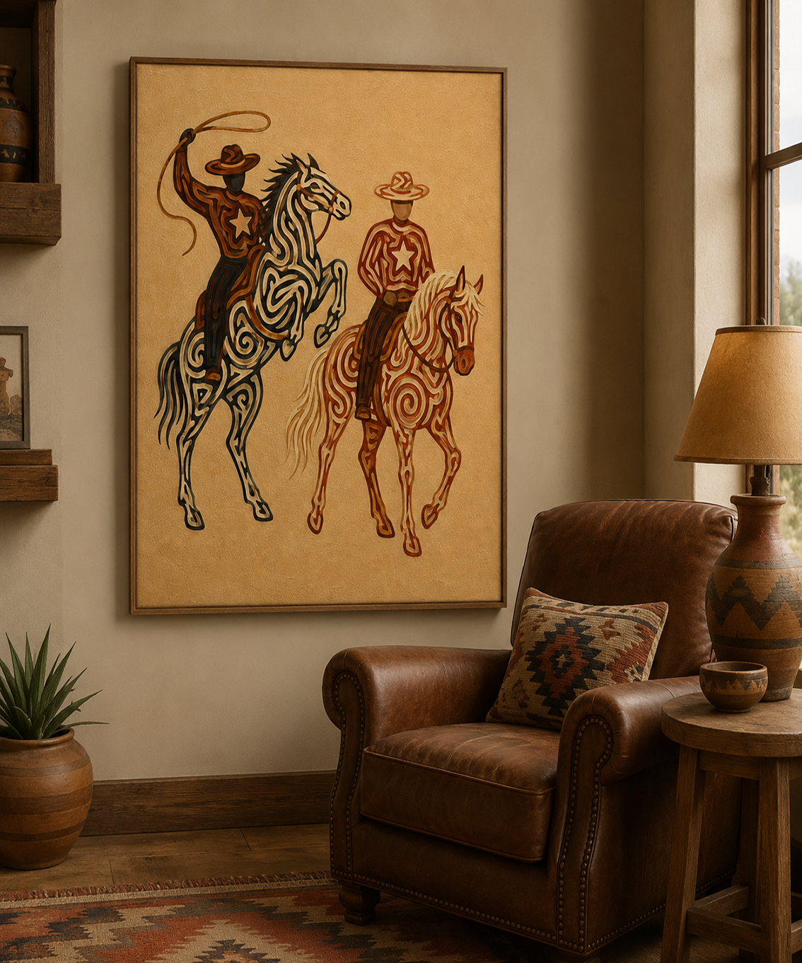 Western Rodeo Cowboys Painting, Horse And Lasso Wall Art, Southwestern Ranch Decor