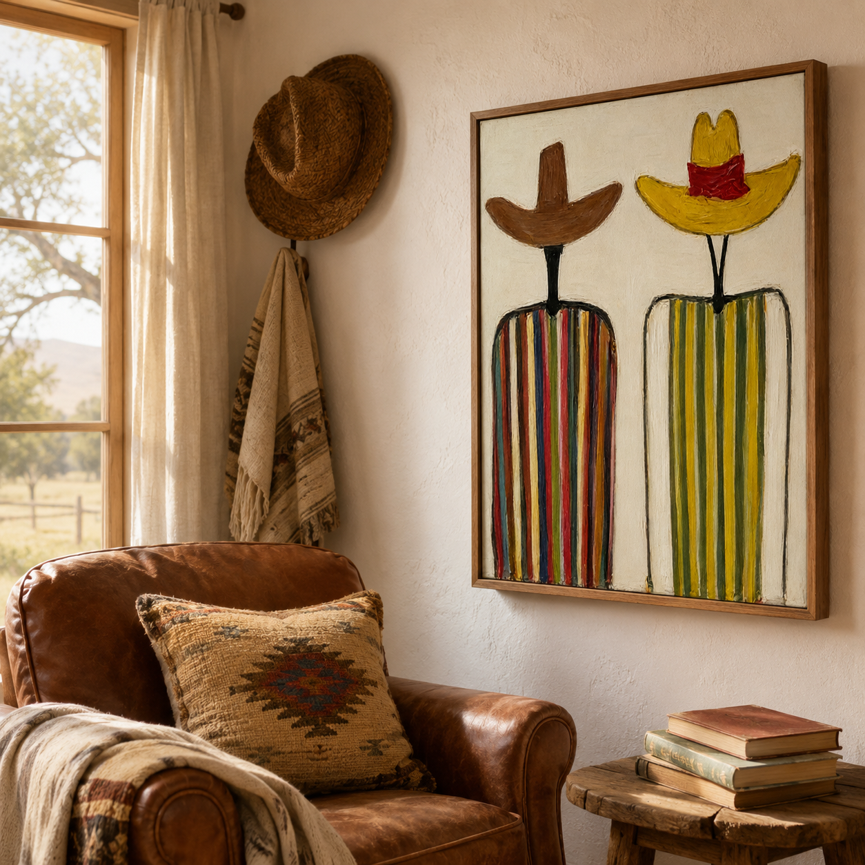 Abstract Figurative Oil Painting With Rustic Hats And Vibrant Colors For Hallway