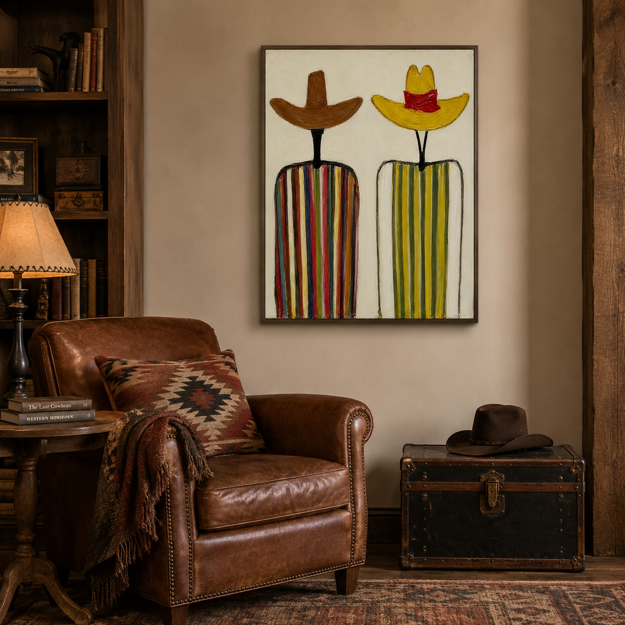 Abstract Figurative Oil Painting With Rustic Hats And Vibrant Colors For Hallway
