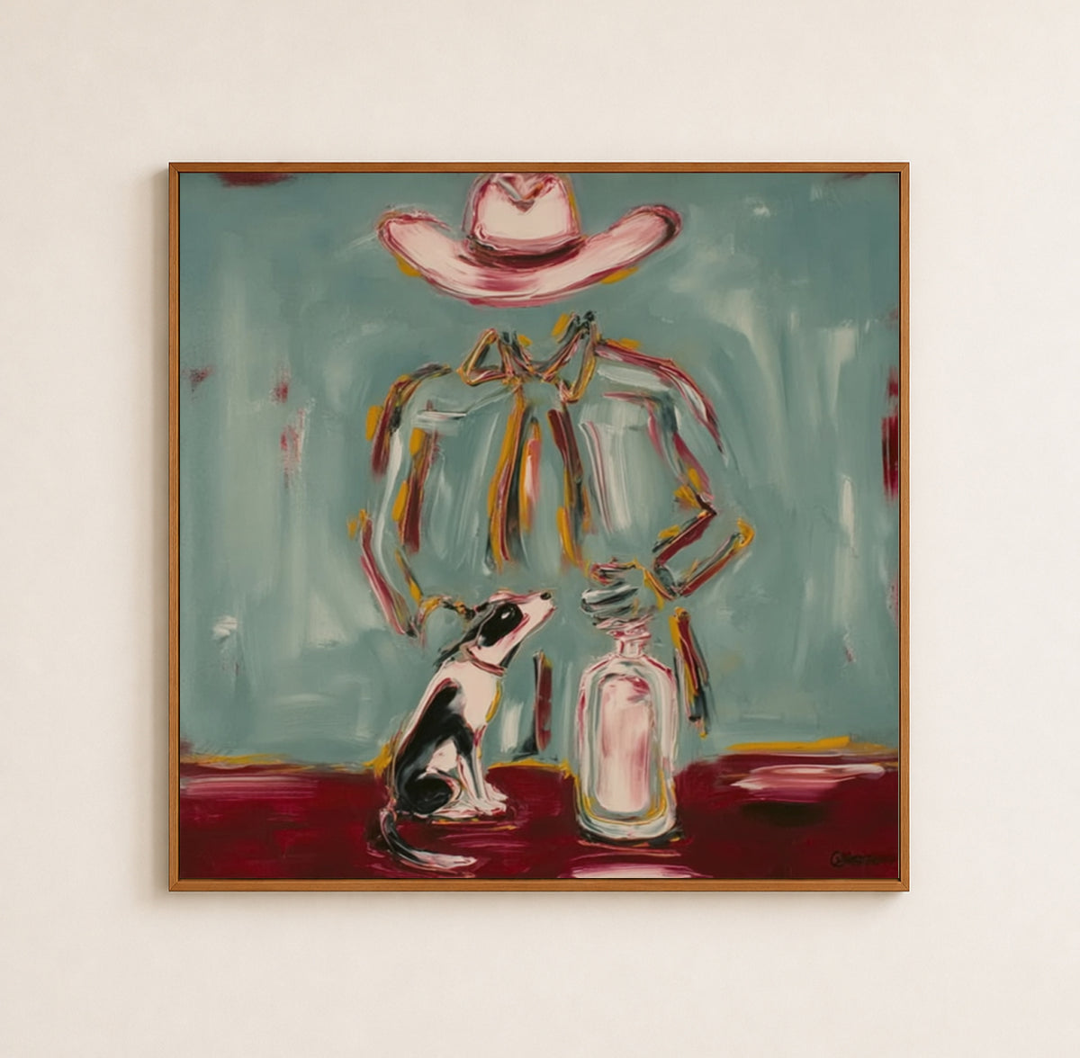 Whimsical Cowboy And Dog Canvas Art, Pink Hat Western Wall Decor, Teal Countryside Painting