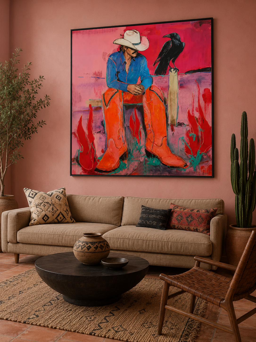 Modern Cowboy Painting With Raven For Living Room Wall Decor Original Art