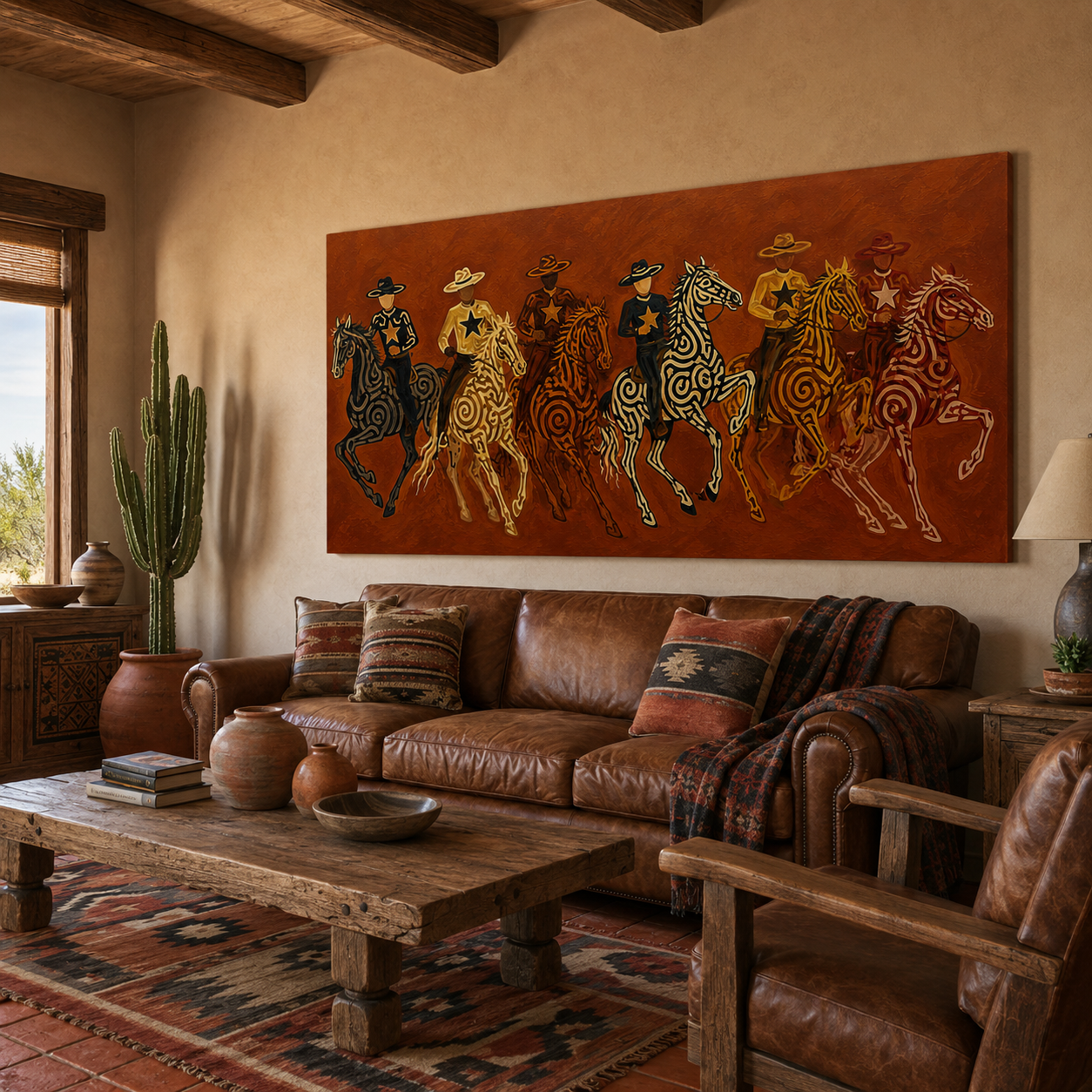 Panoramic Cowboy Horsemen Painting, Terracotta Western Riders, Rustic Ranch Wall Art