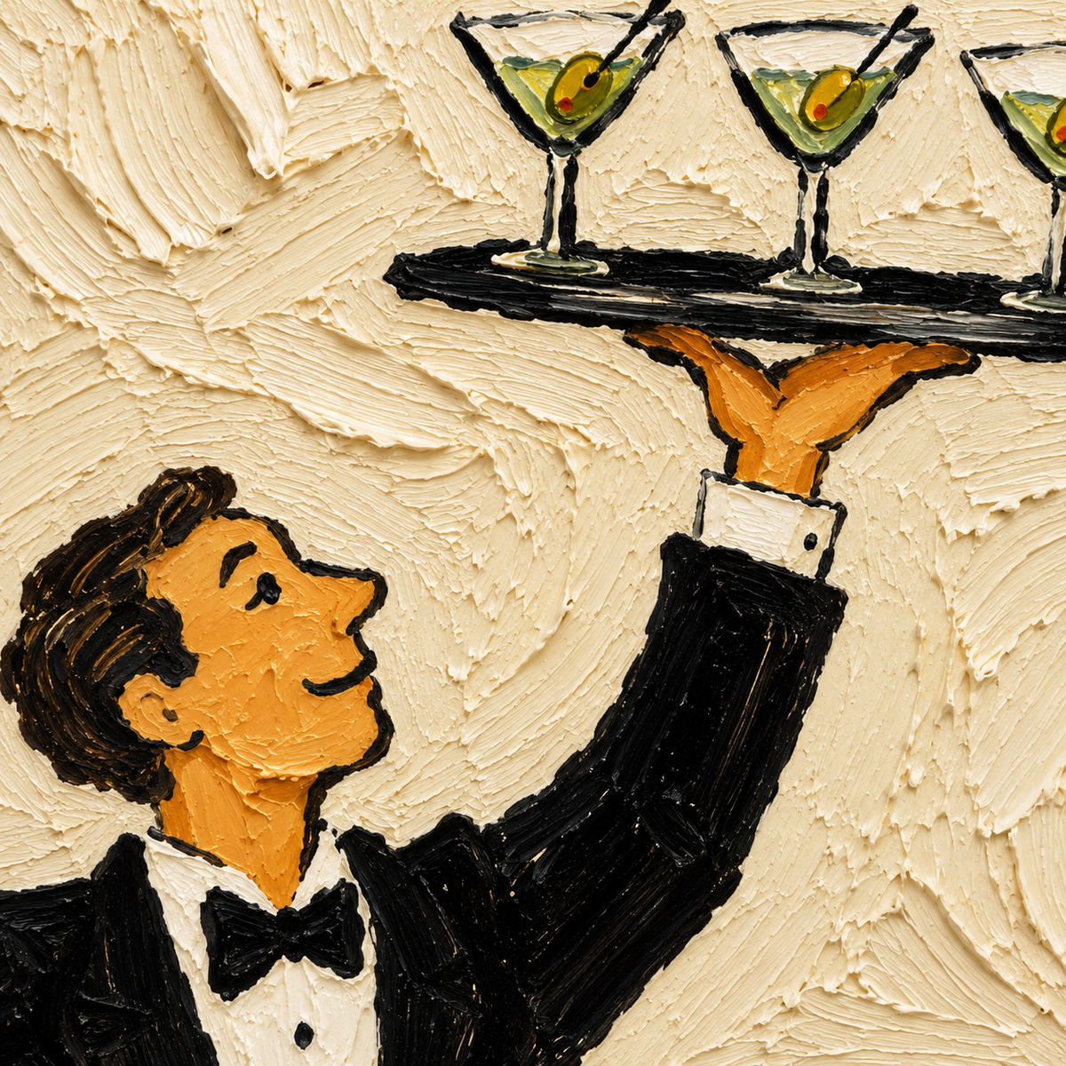 Vintage French Café Waiter Painting Hand-Painted Canvas Art For Dining Room