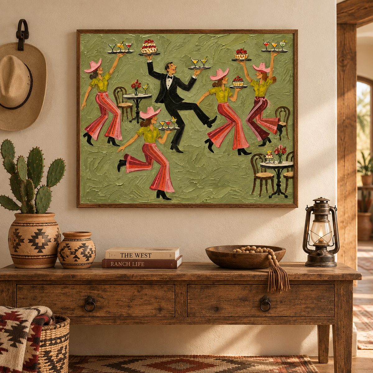 Sage Green Parisian Cafe Wall Art, French Bistro Waiter Painting Restaurant Dining Art