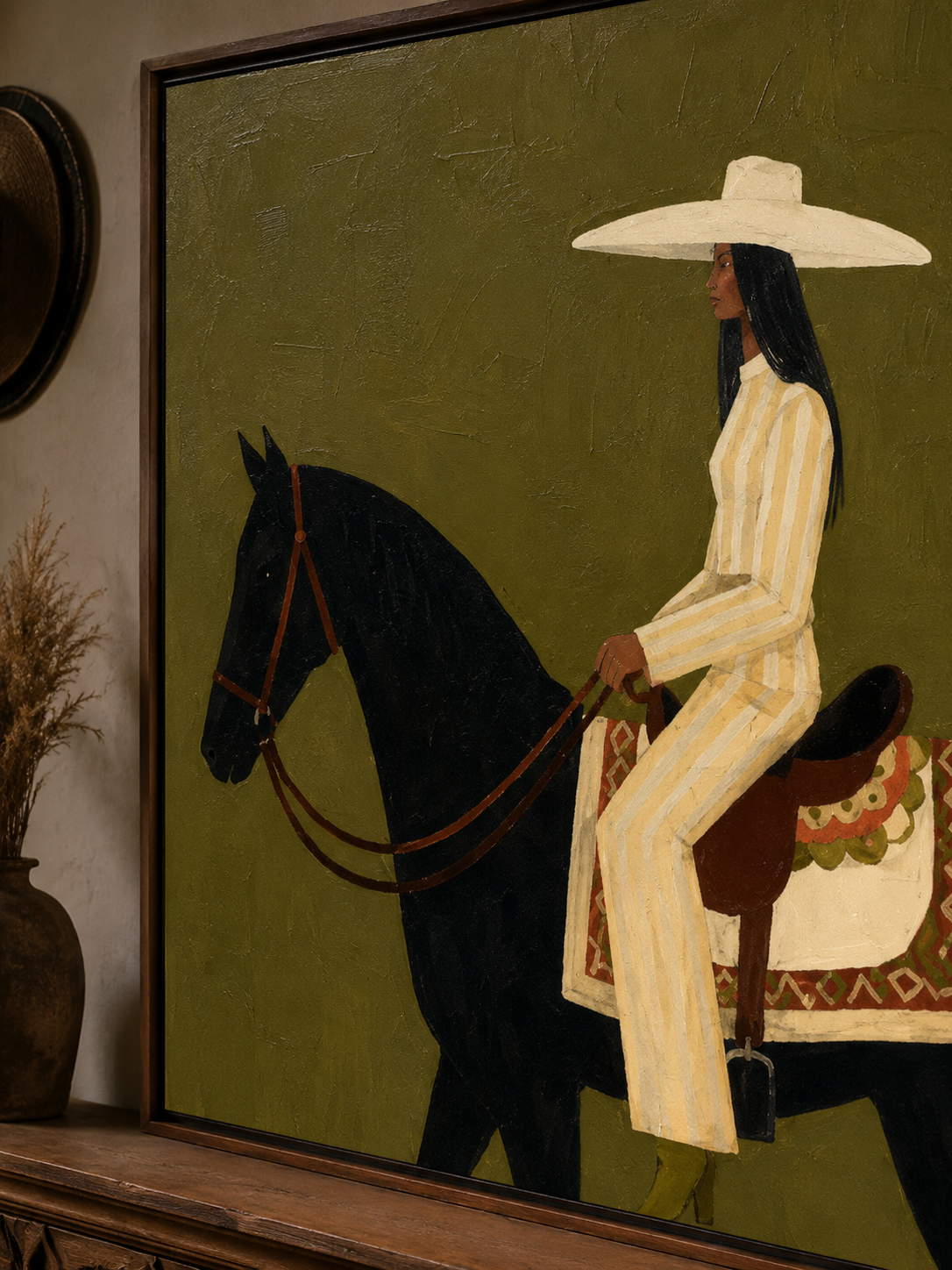 Retro Equestrian Art Painting Olive Green Background Woman On Horse Wall Decor