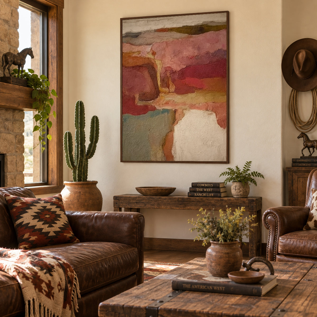 Abstract Burgundy And Sage Green Canvas Painting Hand-Painted Original Art For Modern Walls